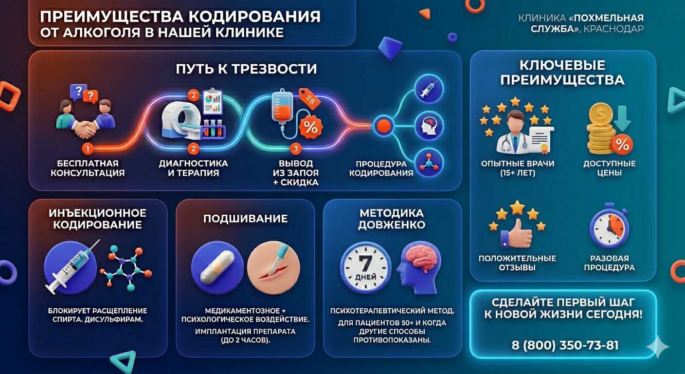 Инфографика о методах кодирования от алкоголя в Гремячинске: инъекции, подшивание, метод Довженко. Преимущества клиники и этапы лечения.